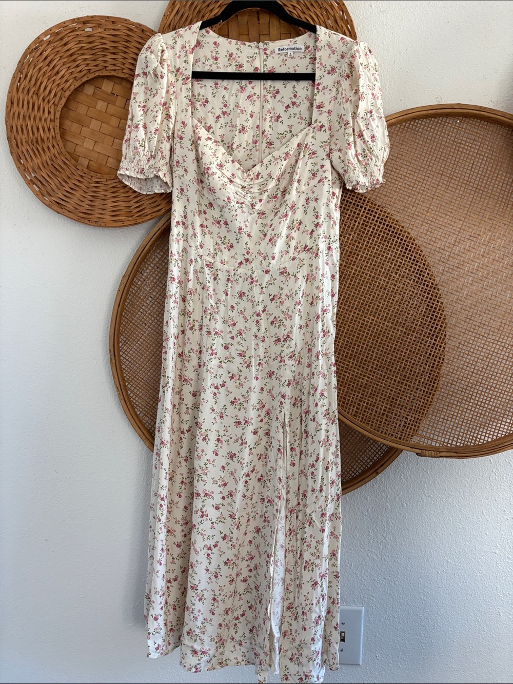 Reformation Floral Cream Midi Dress with Puff Sleeves size 8
